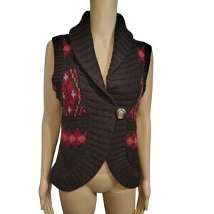 Brown Woven Argyle Knit Single Button Fold Down Collar Sweater Vest Size Medium